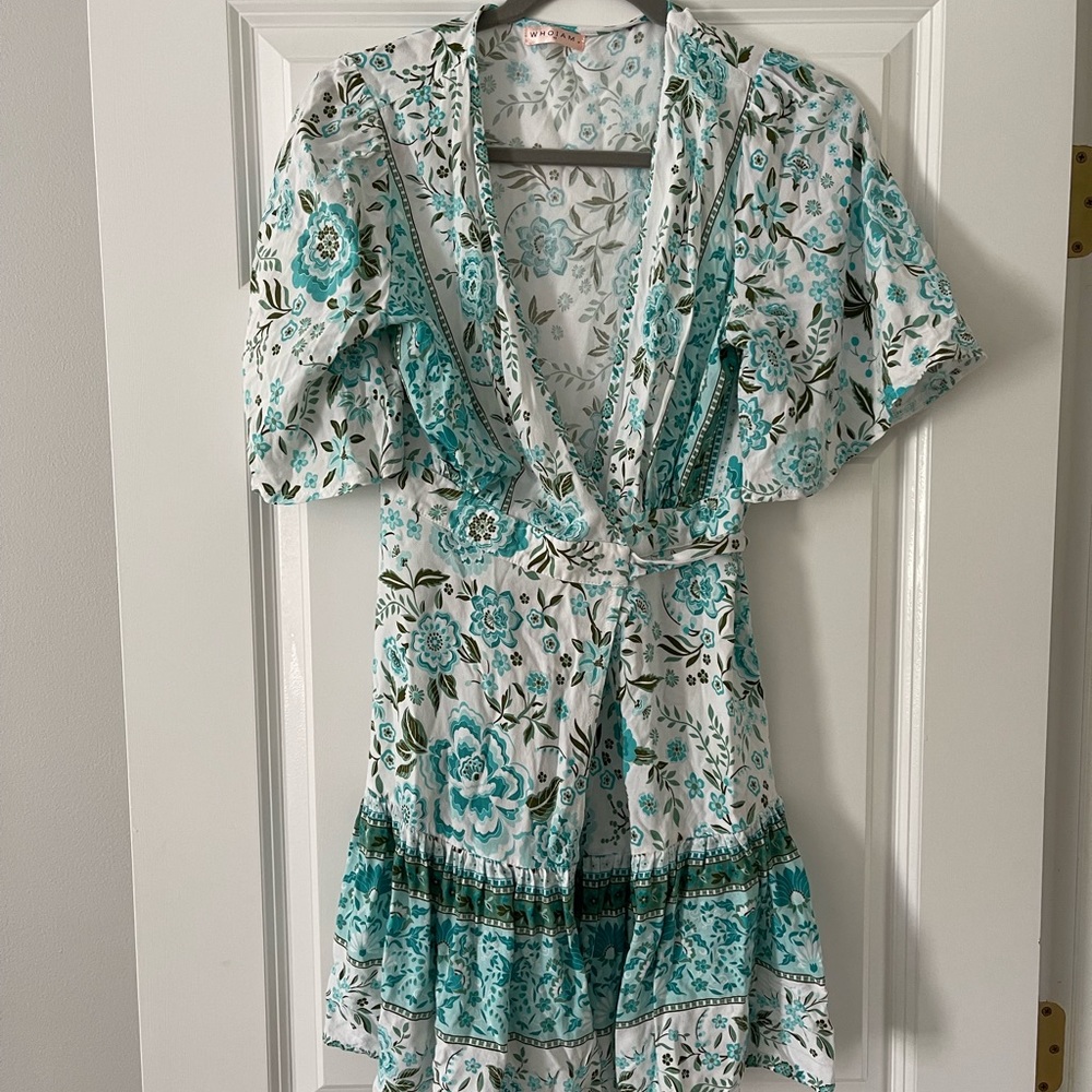 Blue Floral Vneck Tie Around dress